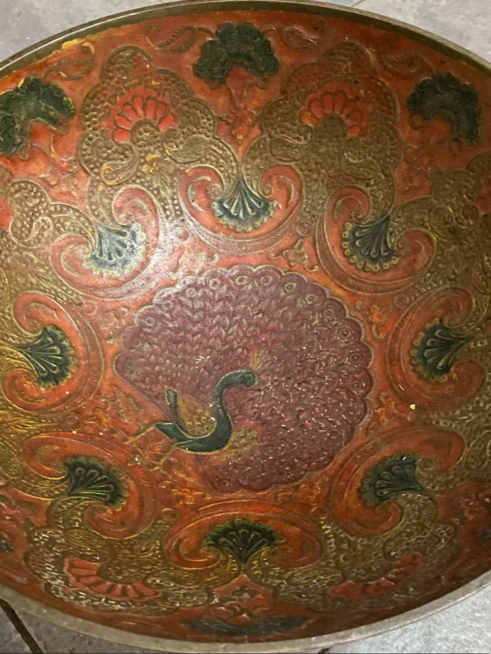 Decorative Brass Pedestal Bowl with Red and Green Enamel